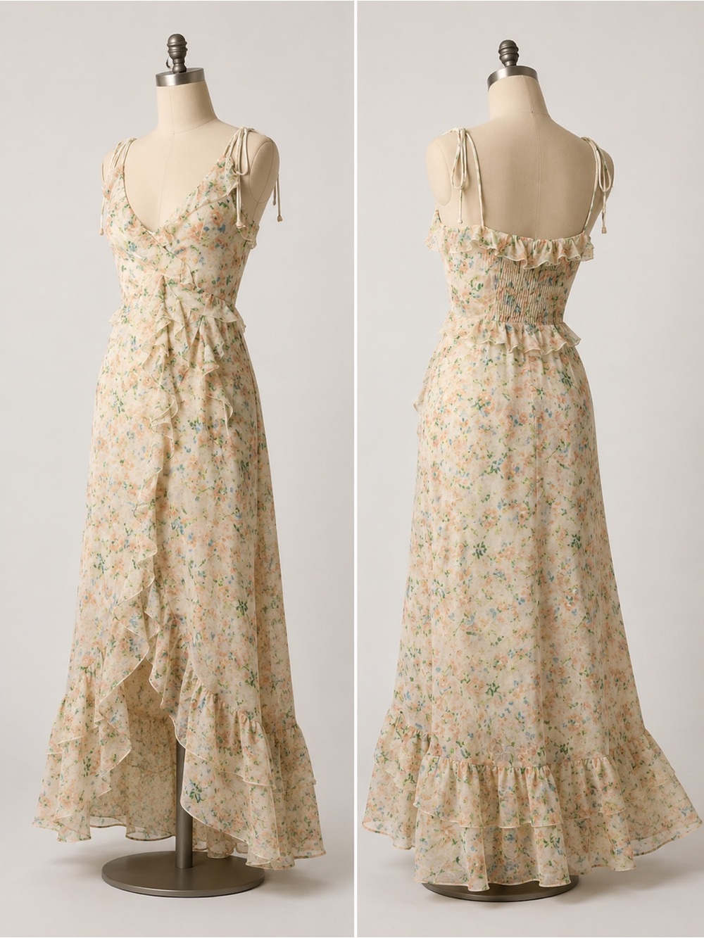 Lulu's Cream Floral Ruffle Tie-Shoulder Maxi Dress